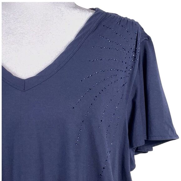 Chico’s Touch of Cool Navy V-Neck Flutter Sleeve Embellished Top Size 3 (XL) - Picture 8 of 16